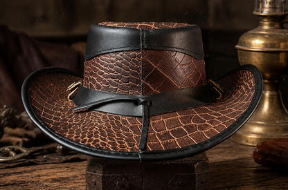 Handcrafted Crocodile-Embossed Leather Outback Hat – Western Bush Edition