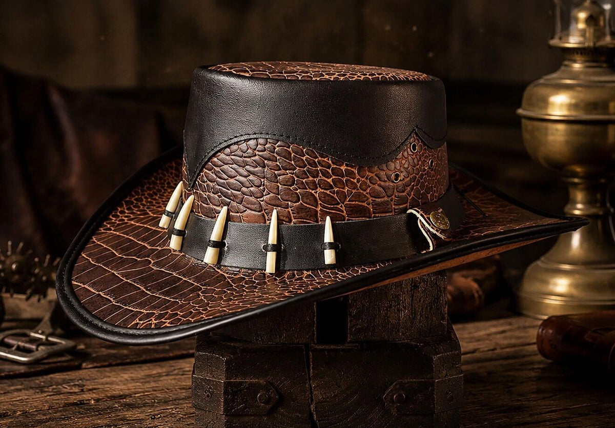 Handcrafted Crocodile-Embossed Leather Outback Hat – Western Bush Edition