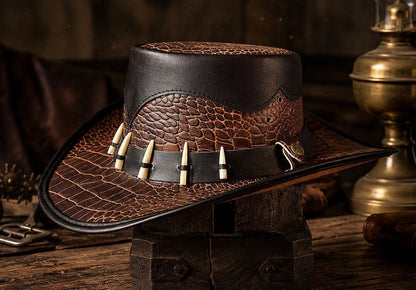 Handcrafted Crocodile-Embossed Leather Outback Hat – Western Bush Edition
