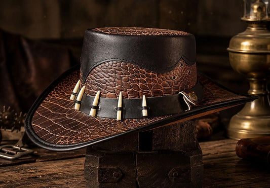 Handcrafted Crocodile-Embossed Leather Outback Hat – Western Bush Edition