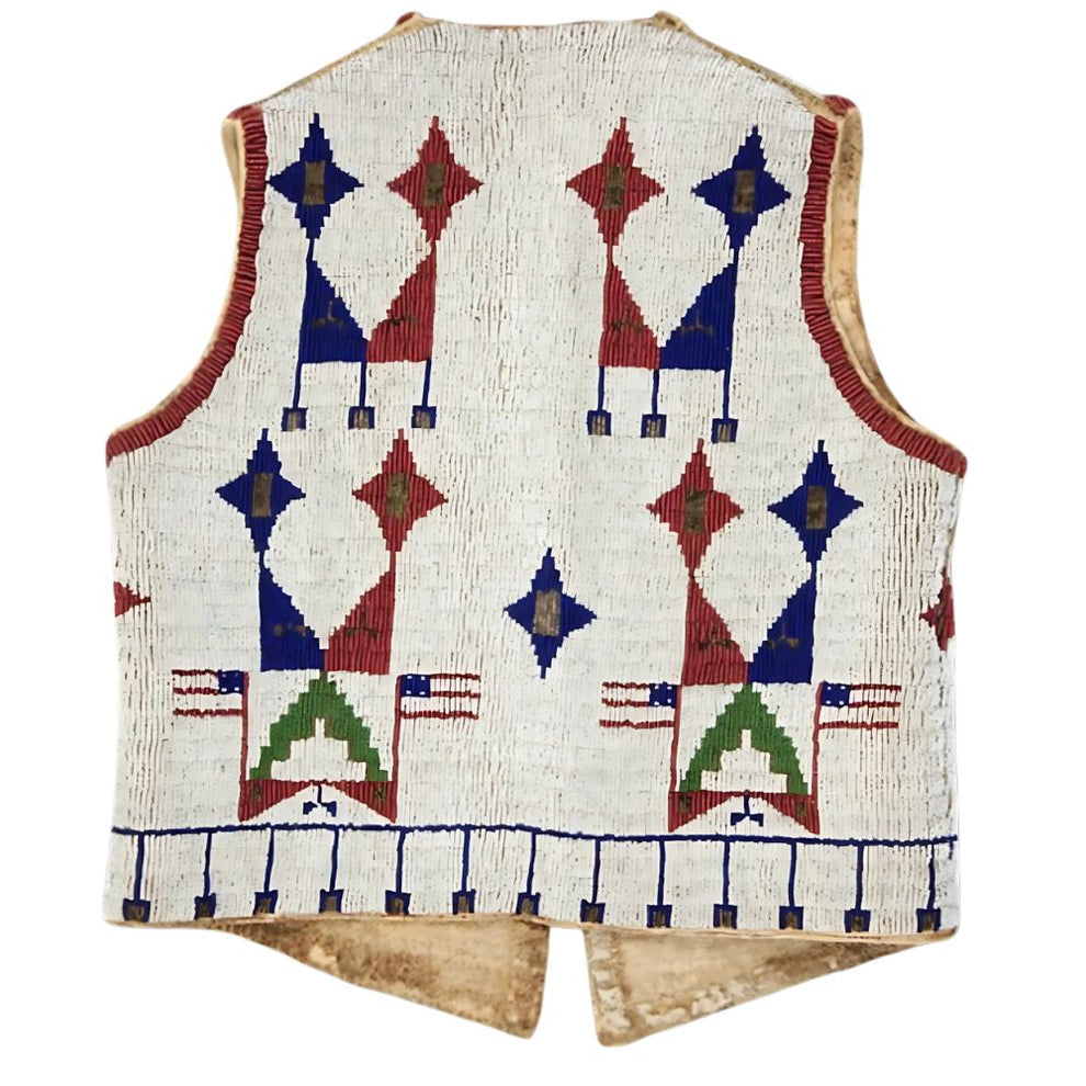 Handcrafted Fully Beaded Suede Leather Vest – Heritage Flag & Geometric Edition