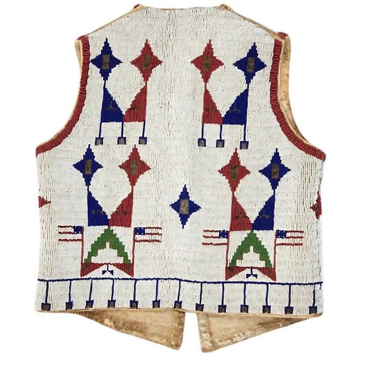 Handcrafted Fully Beaded Suede Leather Vest – Heritage Flag & Geometric Edition