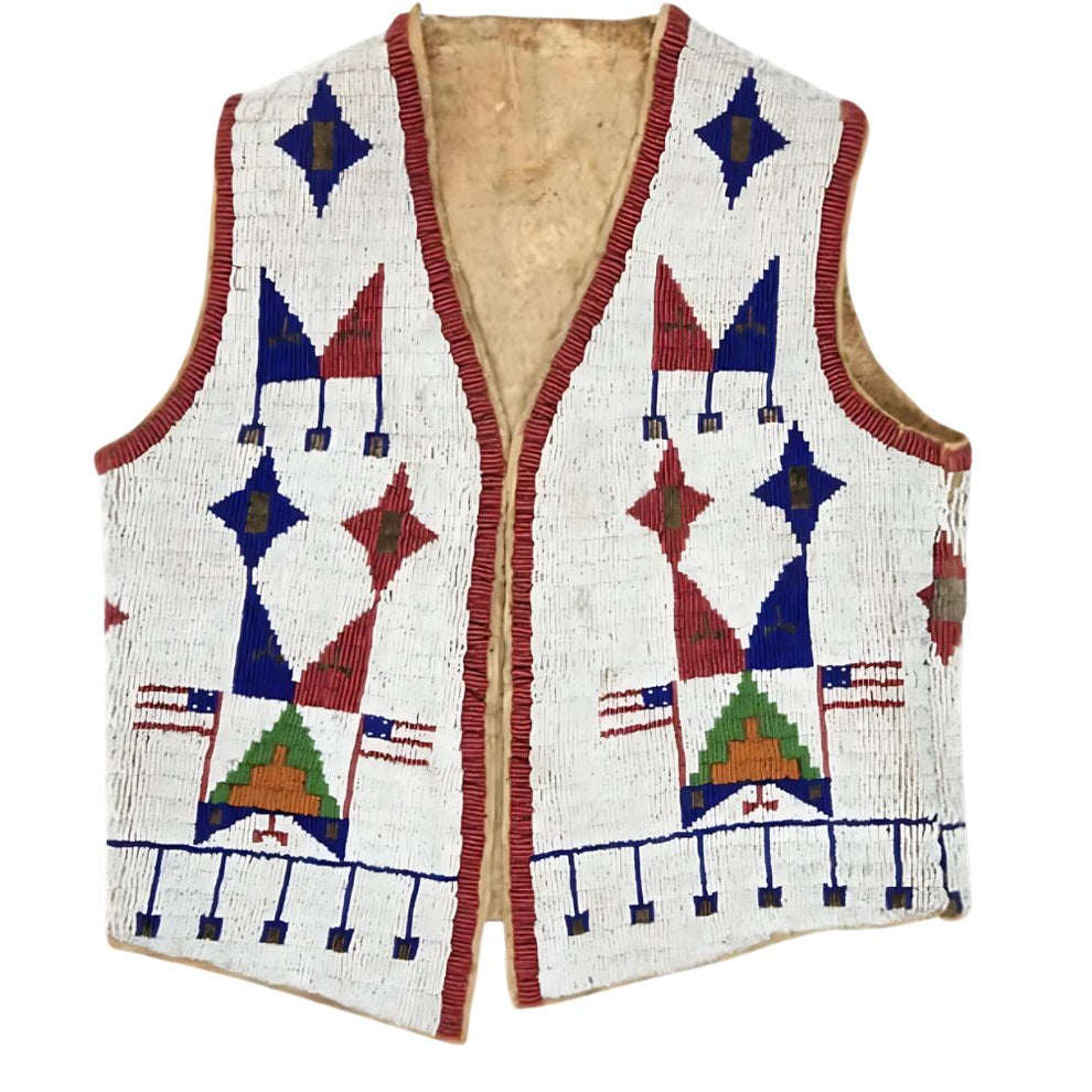 Handcrafted Fully Beaded Suede Leather Vest – Heritage Flag & Geometric Edition