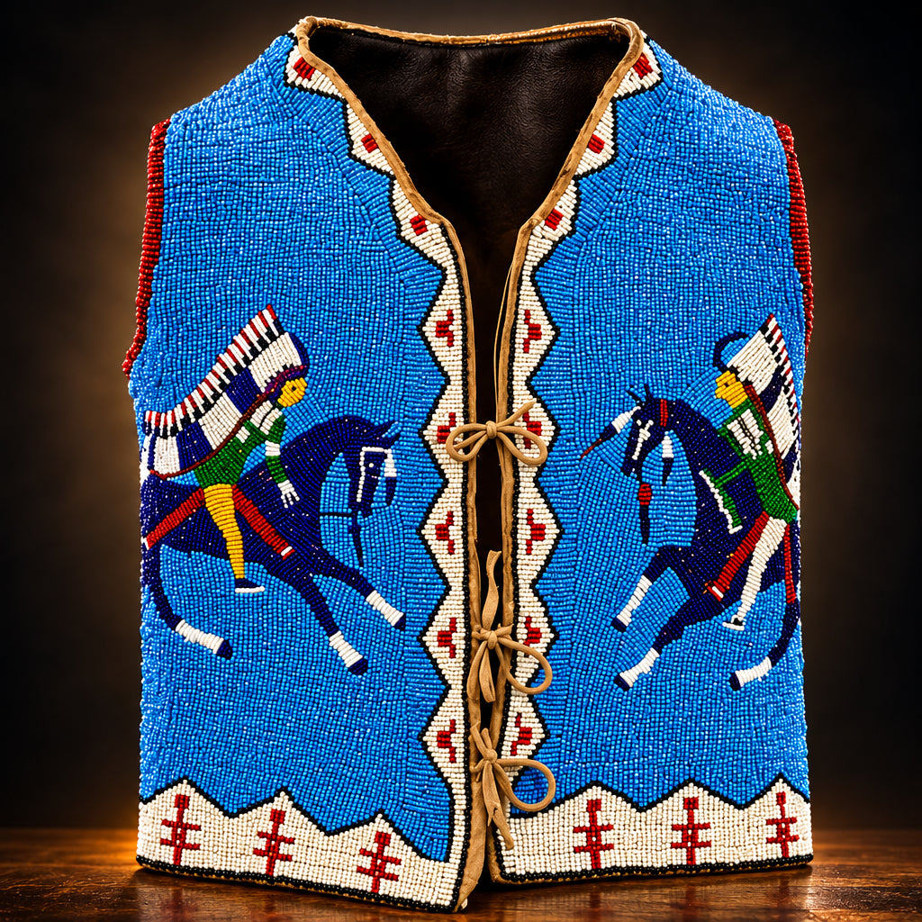 Blue vest with horse and rider design on a white background