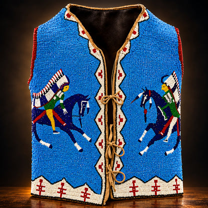 Blue vest with horse and rider design on a white background