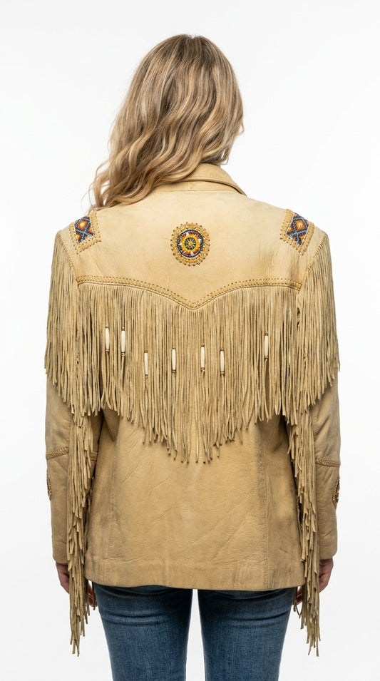 Women Fringe Suede Leather Beaded Jacket- ZLC-WWJ-2041