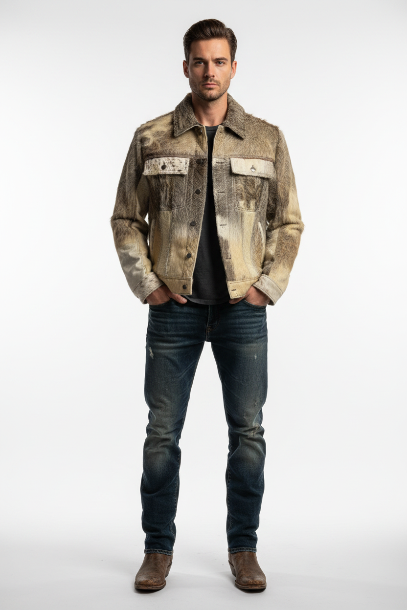 Man wearing a patterned jacket and jeans on a white background