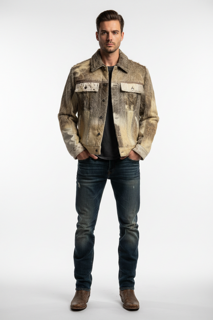 Man wearing a patterned jacket and jeans on a white background