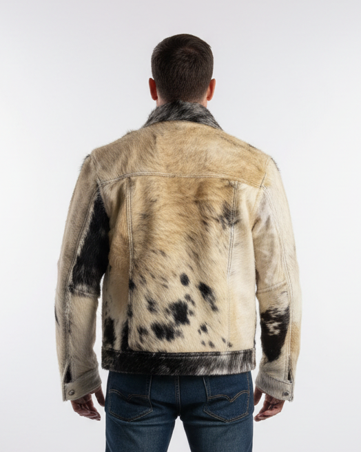 Man wearing a distressed leather jacket with a white background