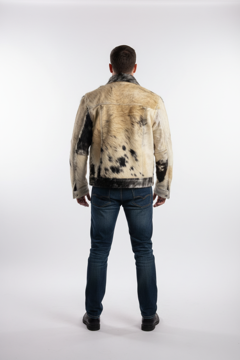 Man wearing a patterned jacket and dark jeans on a white background