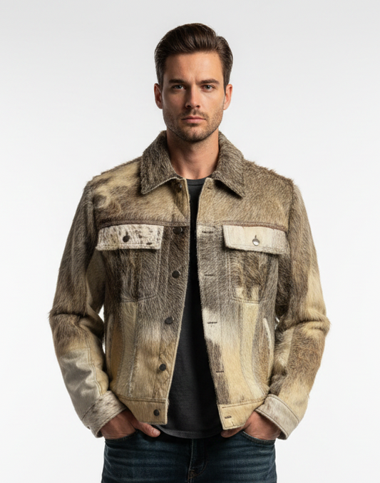 Man wearing a distressed denim jacket on a white background