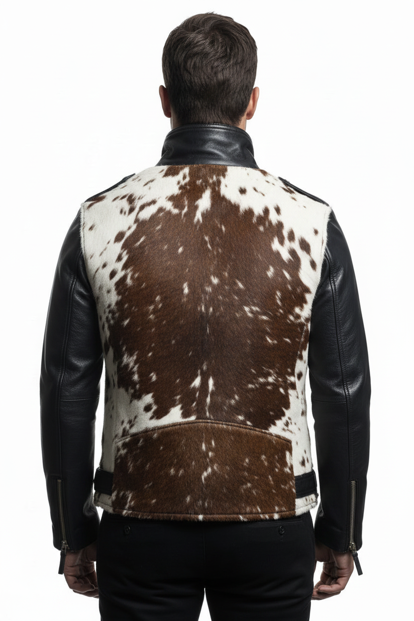 Man wearing a cowhide leather jacket with black leather sleeves on a white background