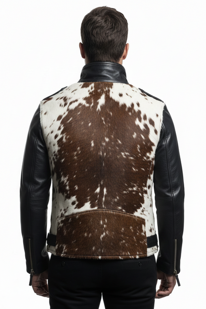 Man wearing a cowhide leather jacket with black leather sleeves on a white background