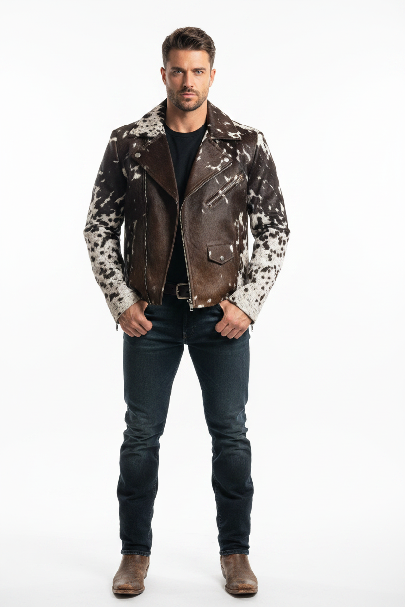Man wearing a brown leather jacket with white patterns on a white background
