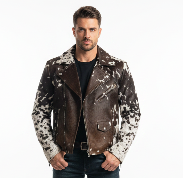 Man wearing a brown and white patterned leather jacket on a white background