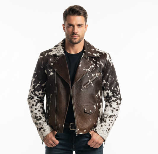Man wearing a brown and white patterned leather jacket on a white background