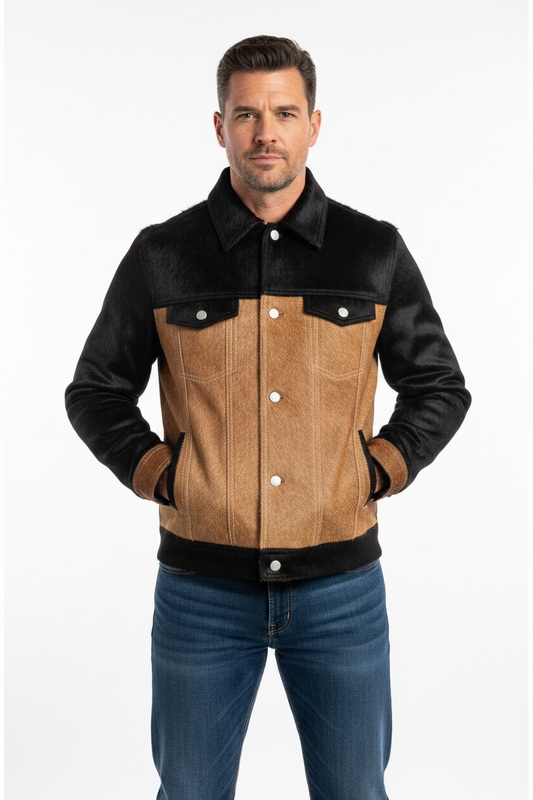 Man wearing a black and brown leather jacket on a white background