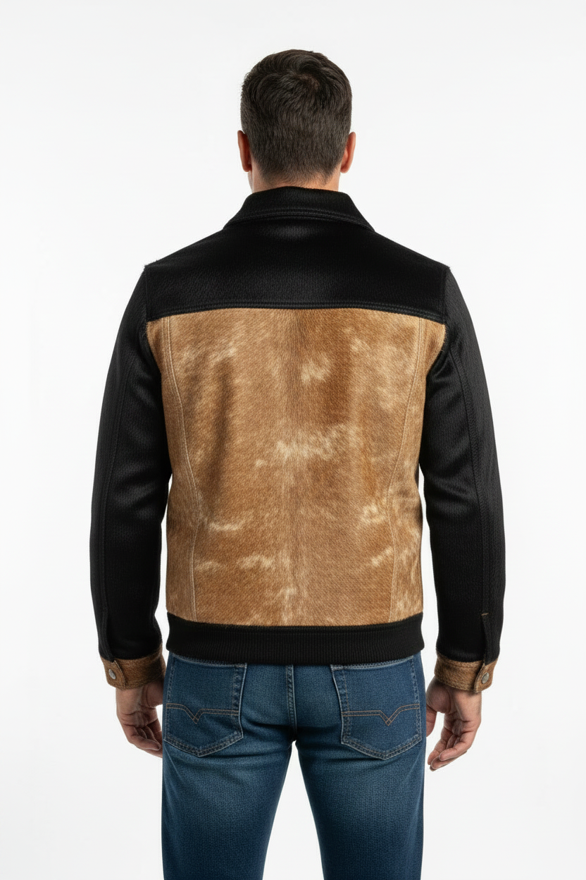 Man wearing a black and brown leather jacket on a white background