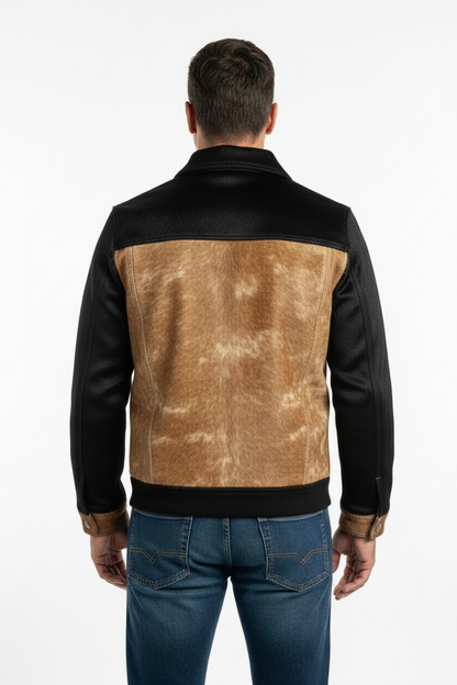 Man wearing a black and brown leather jacket on a white background