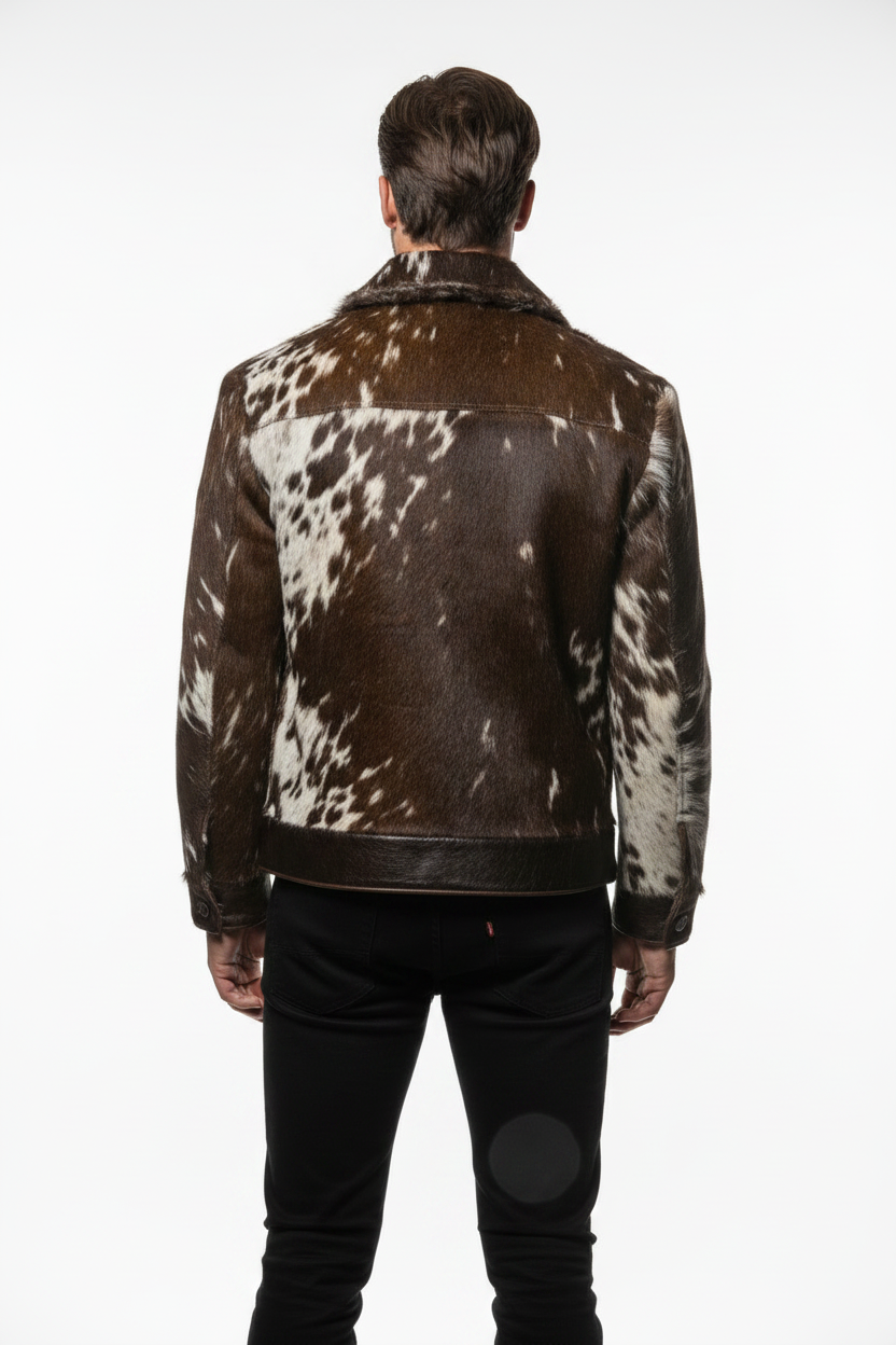 Person wearing a brown and white cowhide leather jacket on a white background