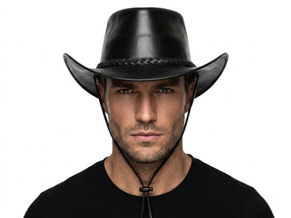 Men's black smooth leather cowboy hat showing wide curved brim, braided hatband and shaped crown — three-quarter top angle view on white background