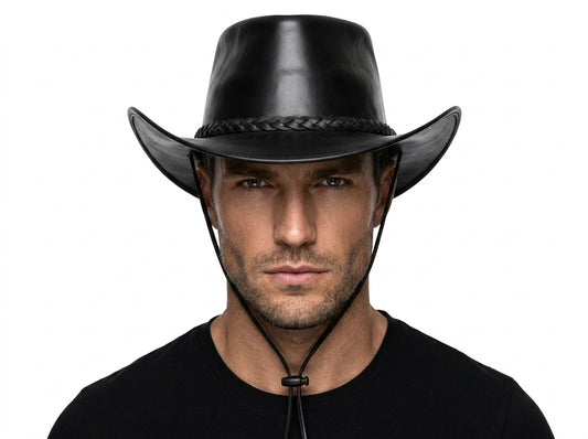 Men's black smooth leather cowboy hat showing wide curved brim, braided hatband and shaped crown — three-quarter top angle view on white background