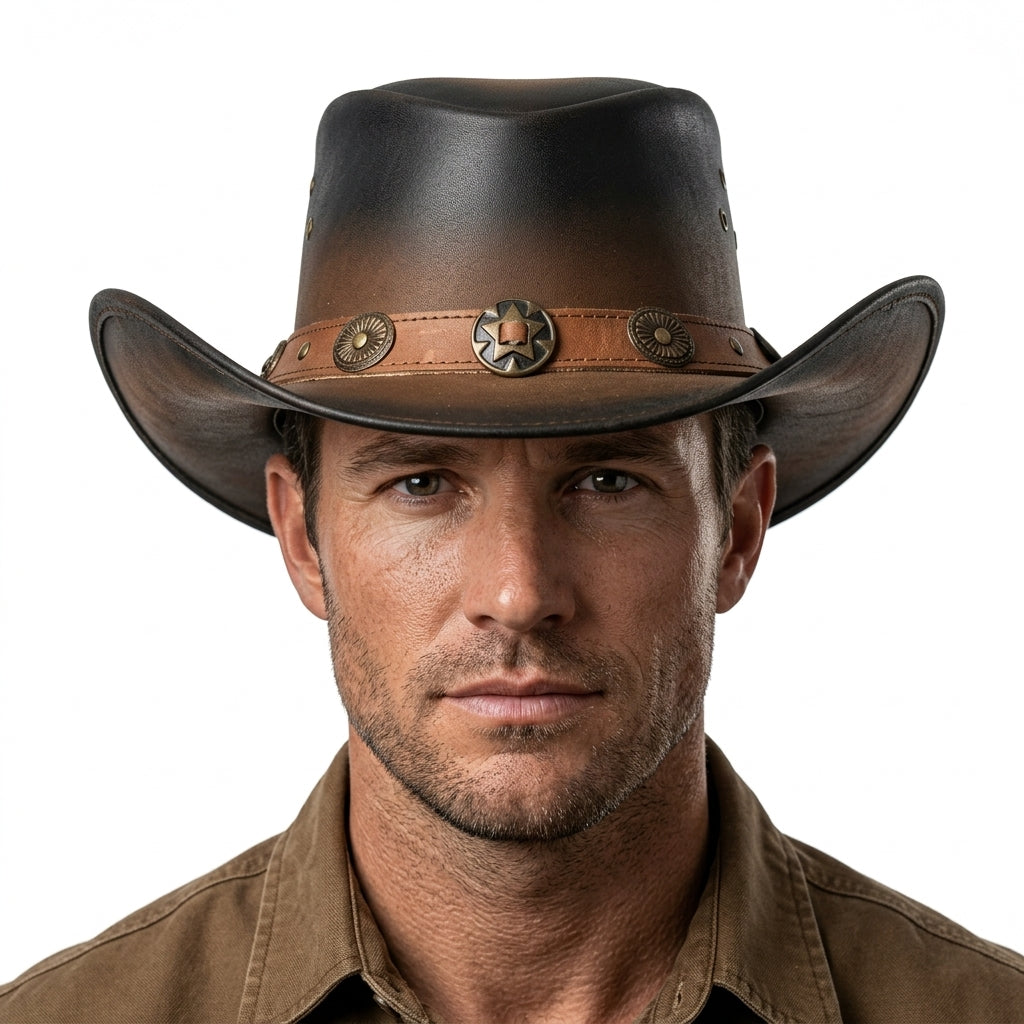 Man wearing a brown cowboy hat with a white background