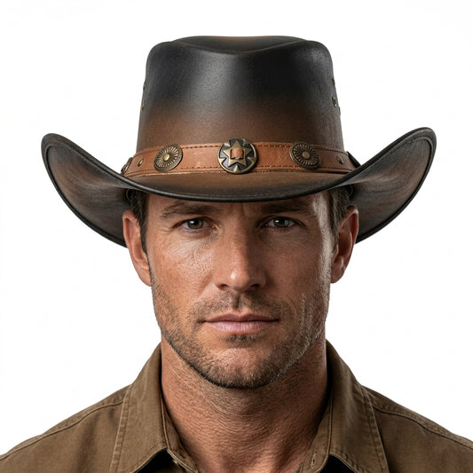 Man wearing a brown cowboy hat with a white background