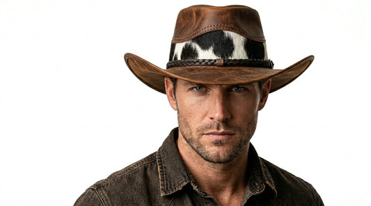 Man wearing a brown leather cowboy hat with a white and black pattern on a white background