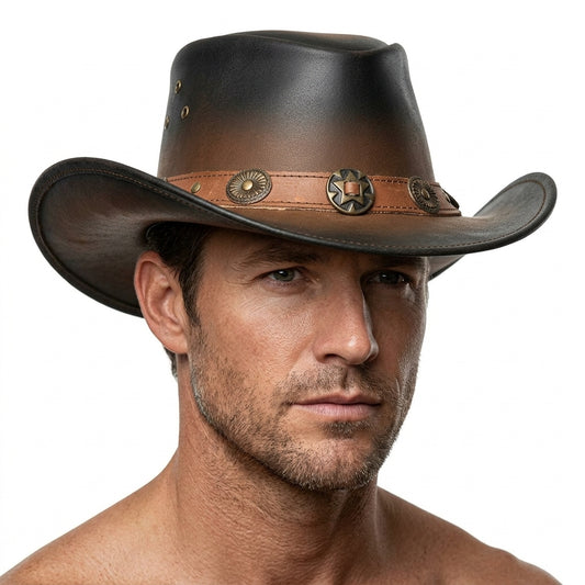 Man wearing a brown leather cowboy hat on a white background