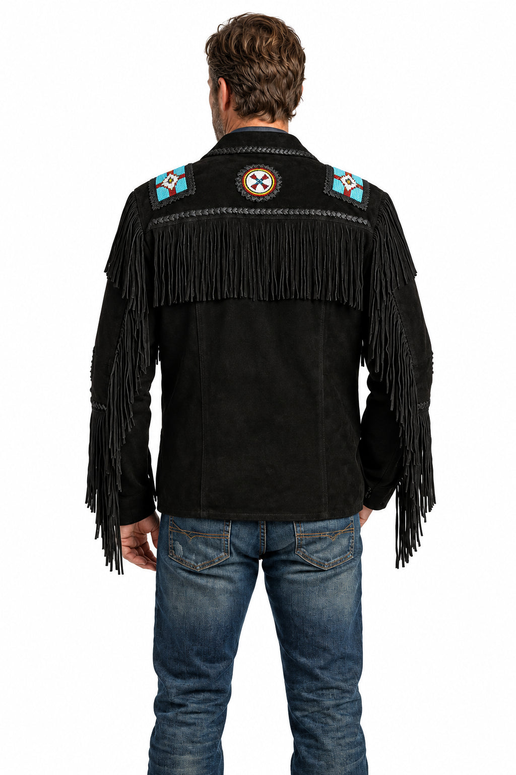 Back of men's black suede western jacket showing yoke fringe and circular beaded medallions