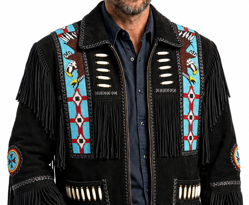 Men's black suede western jacket featuring heavy fringe, blue eagle beadwork, and bone hairpipe accents