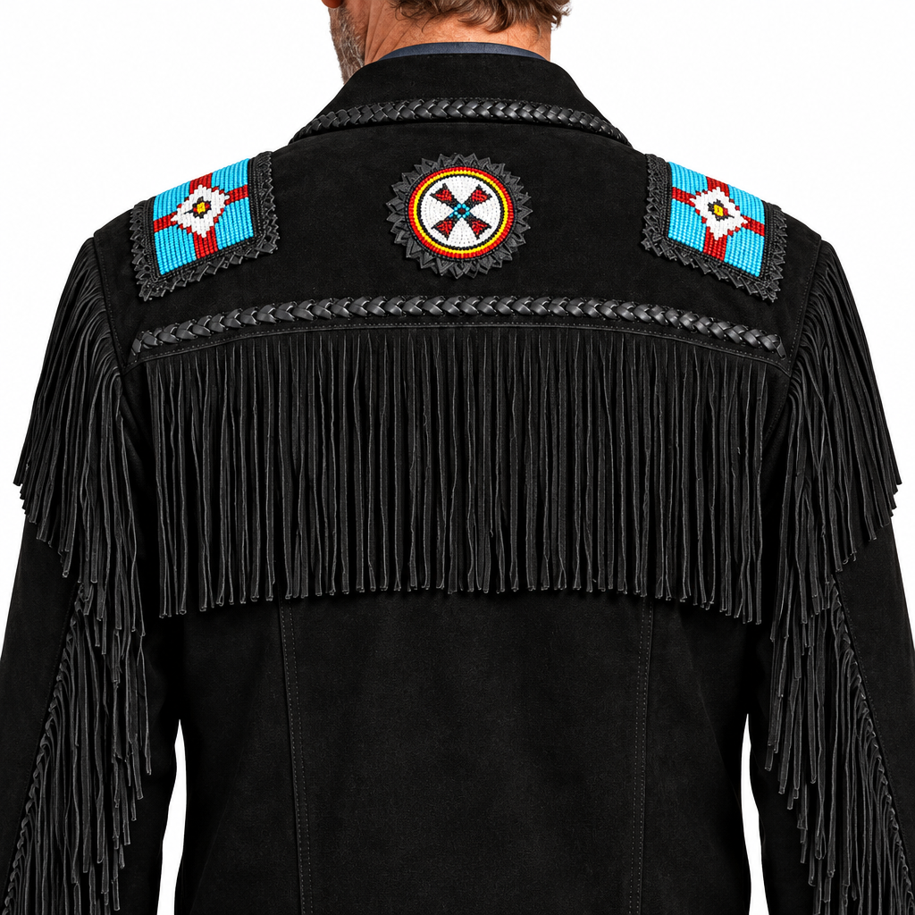 Back of men's black suede western jacket showing yoke fringe and circular beaded medallions