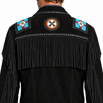 Back of men's black suede western jacket showing yoke fringe and circular beaded medallions