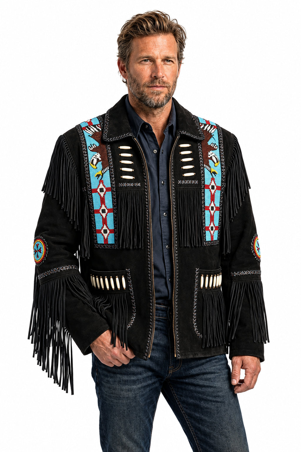 Men's black suede western jacket featuring heavy fringe, blue eagle beadwork, and bone hairpipe accents