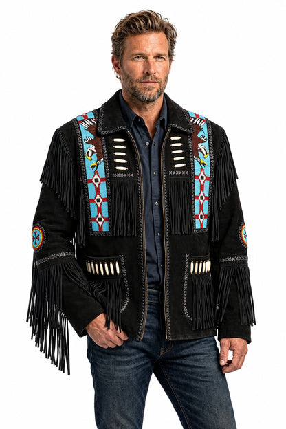 Men's black suede western jacket featuring heavy fringe, blue eagle beadwork, and bone hairpipe accents