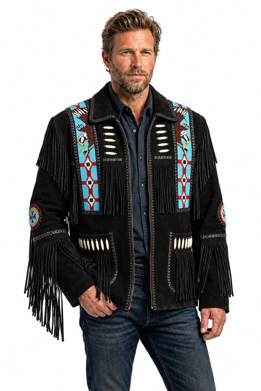 Men's black suede western jacket featuring heavy fringe, blue eagle beadwork, and bone hairpipe accents