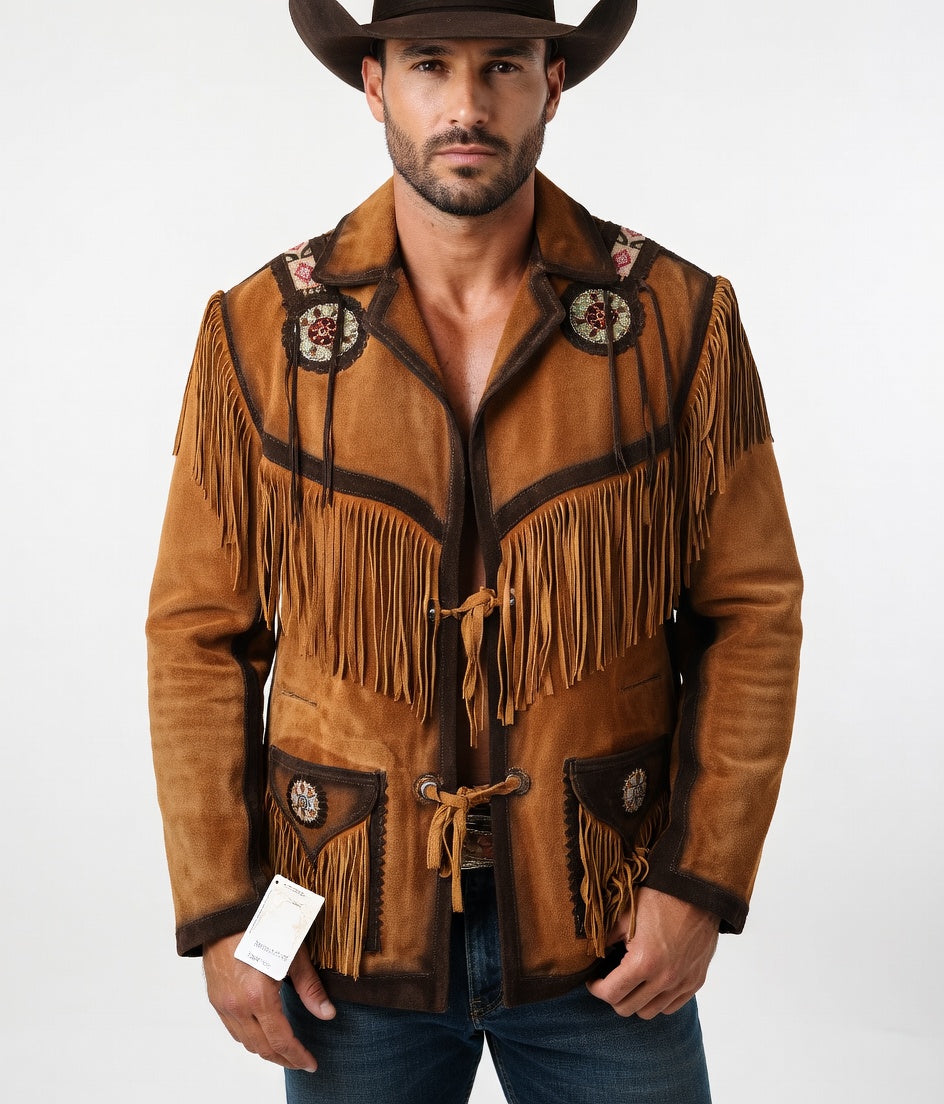 Man wearing a brown leather jacket with fringes and decorative elements on a white background