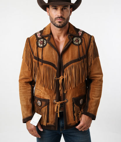 Man wearing a brown leather jacket with fringes and decorative elements on a white background