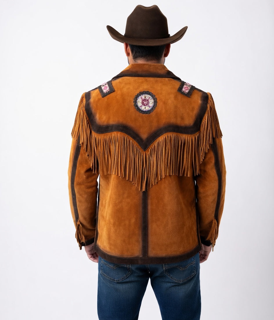 Person wearing a brown suede jacket with fringe and a cowboy hat on a white background