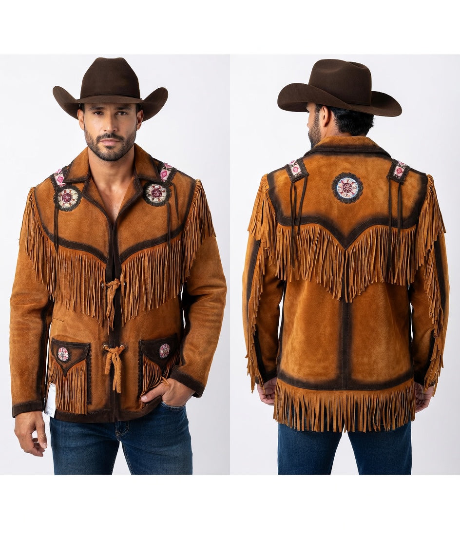 Brown leather cowboy jacket with fringes and patches on a white background