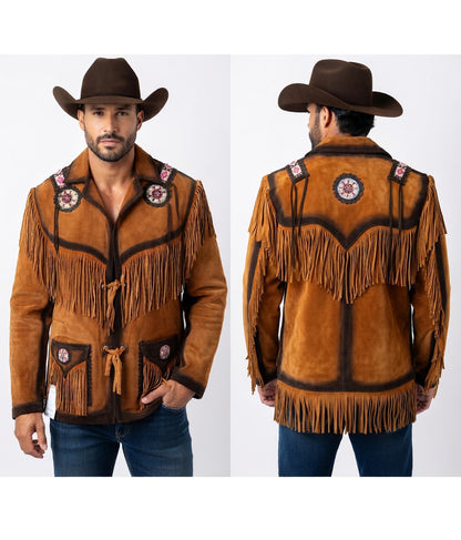 Brown leather cowboy jacket with fringes and patches on a white background