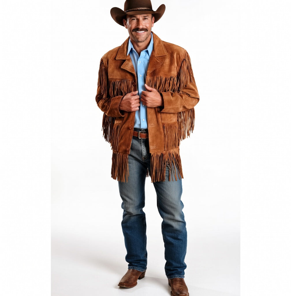Man wearing a brown fringed leather jacket and cowboy hat on a white background