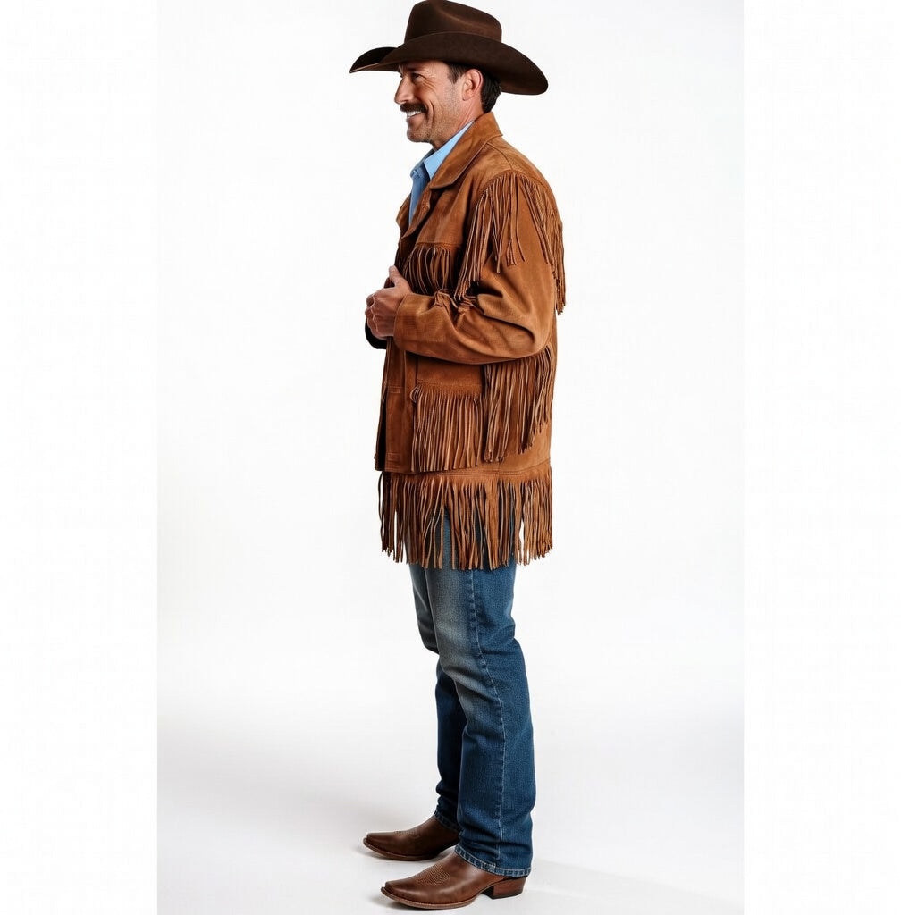 Man wearing a brown fringed leather jacket and cowboy hat on a white background