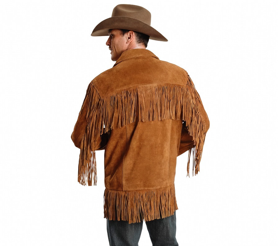 Man wearing a brown suede fringe jacket and cowboy hat on a white background