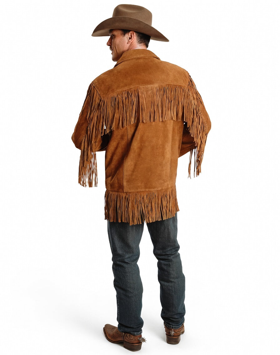 Man wearing a brown fringed leather jacket and hat on a white background
