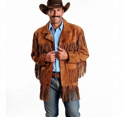 Man wearing a brown fringed leather jacket and cowboy hat on a white background
