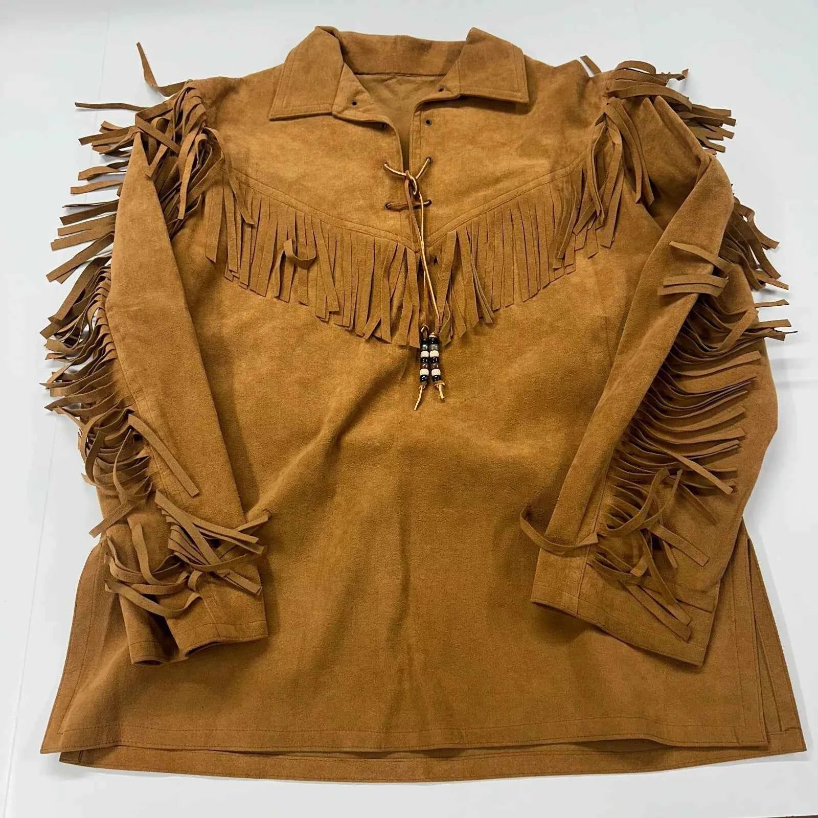 Brown suede shirt with fringe details on a white background