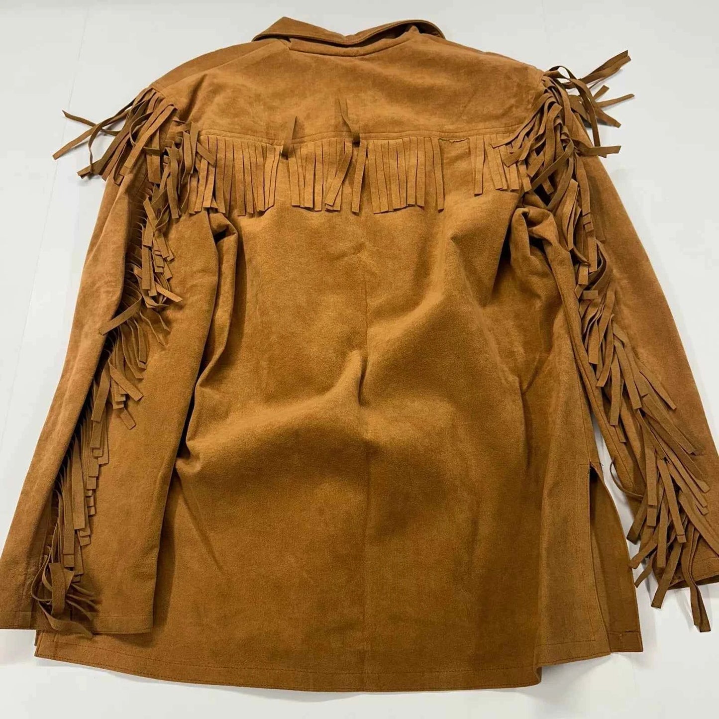 Brown suede jacket with fringe details on a white background