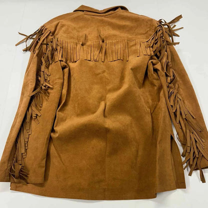 Brown suede jacket with fringe details on a white background